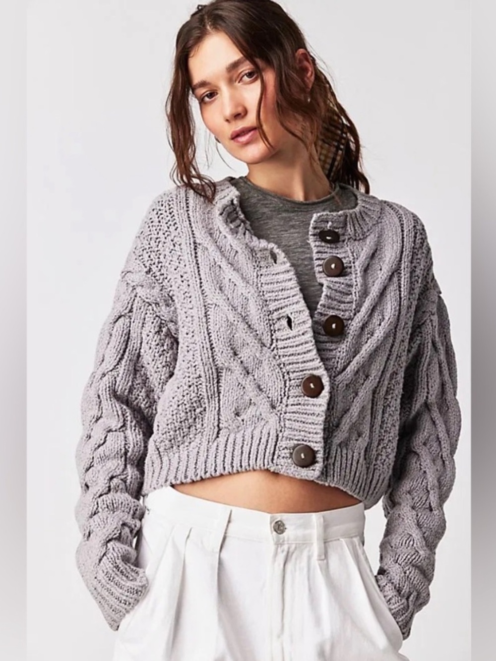 Free People Bonfire Cropped Cable-Knit Button Cardigan - Light Gray